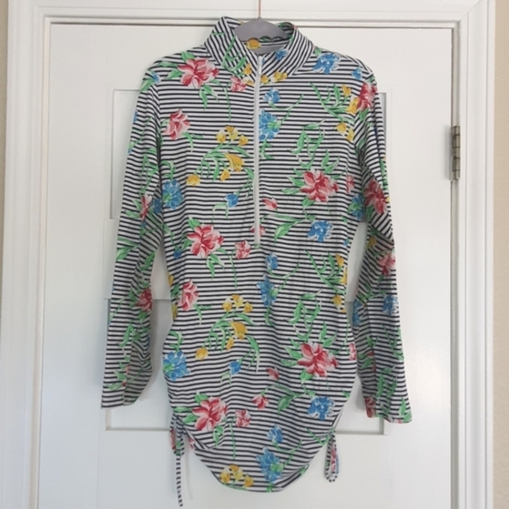 IBKUL Striped Zip Mock Neck Tunic Top Cinch Sides Floral UPF 50 Mesh Long Sleeve